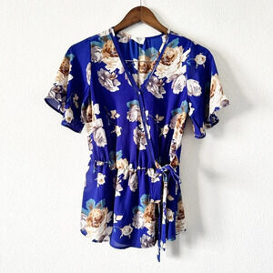Wrap Top Blue Maximalist Floral Waist Tie Belt Sienna Sky Small Women’s Ruffle